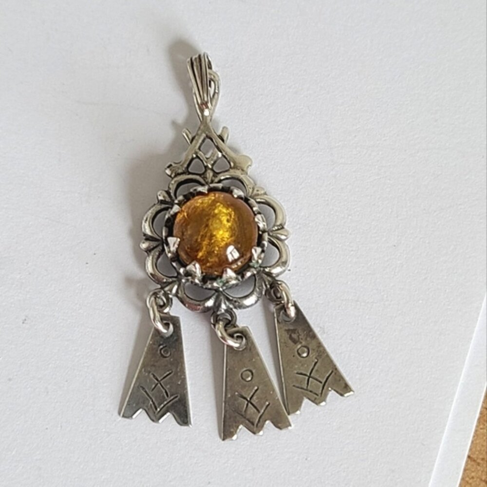 Vintage Boho Sterling Silver Latvian Orange Amber Drop Dangle Sun Pendant